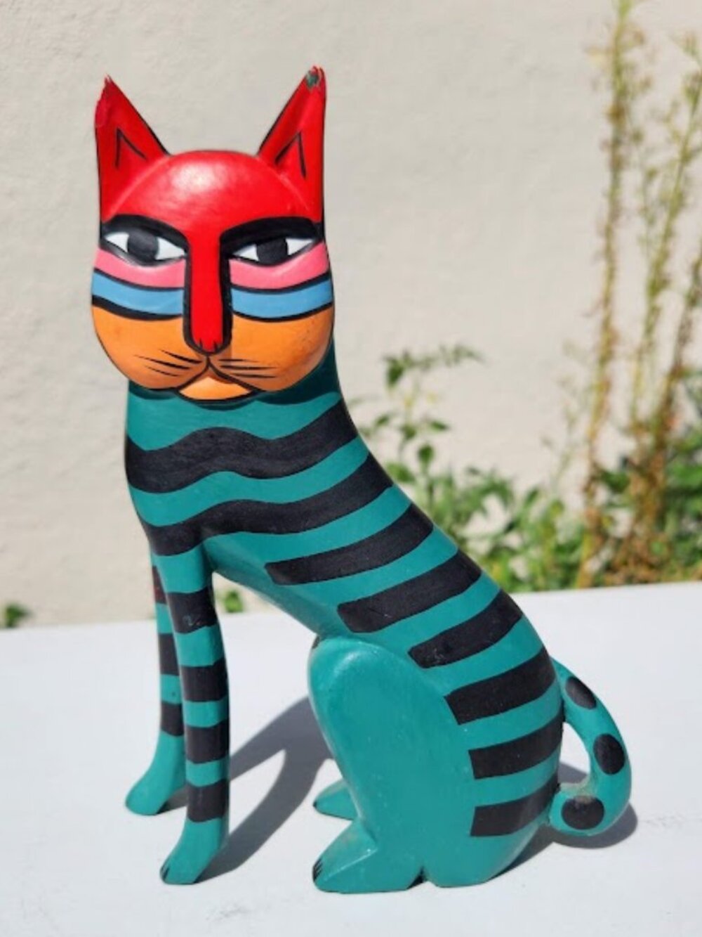 Folk Art Wooden Cat Figurine Laurel Burch Style Statue 6.75" Tall Retro Pop Art